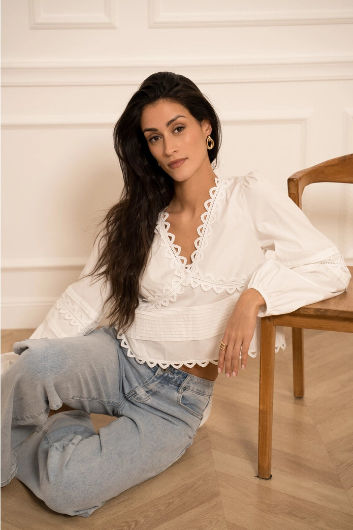 Provence Cotton & Lace V-Neck Blouse - White