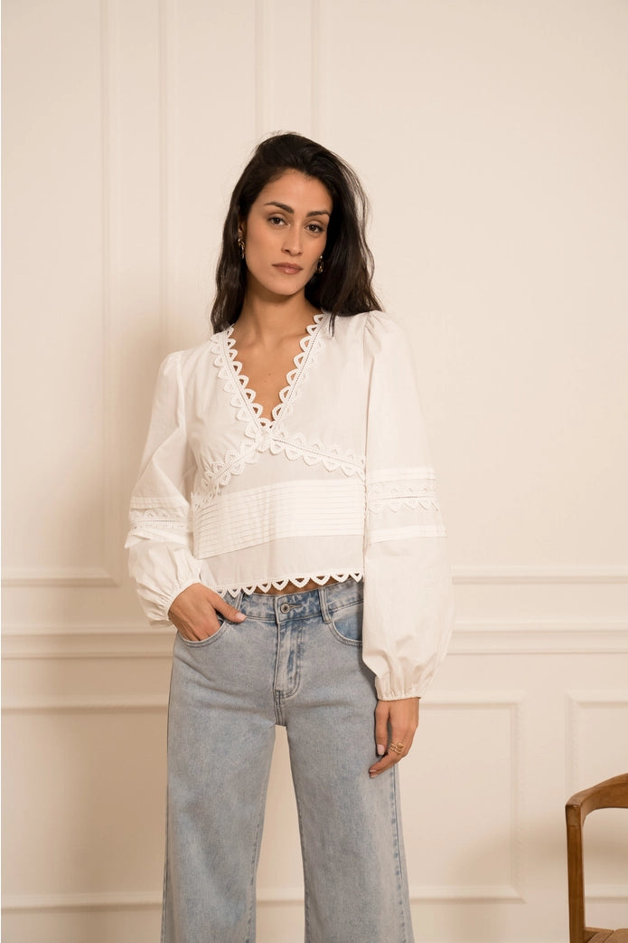 Provence Cotton & Lace V-Neck Blouse - White