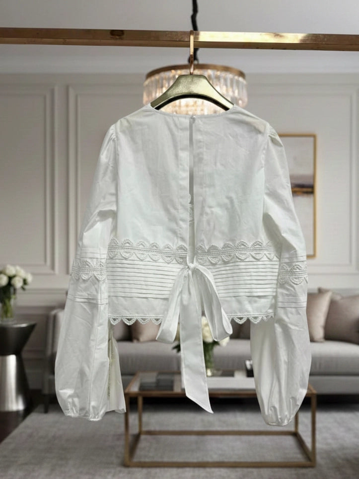 Provence Cotton & Lace V-Neck Blouse - White