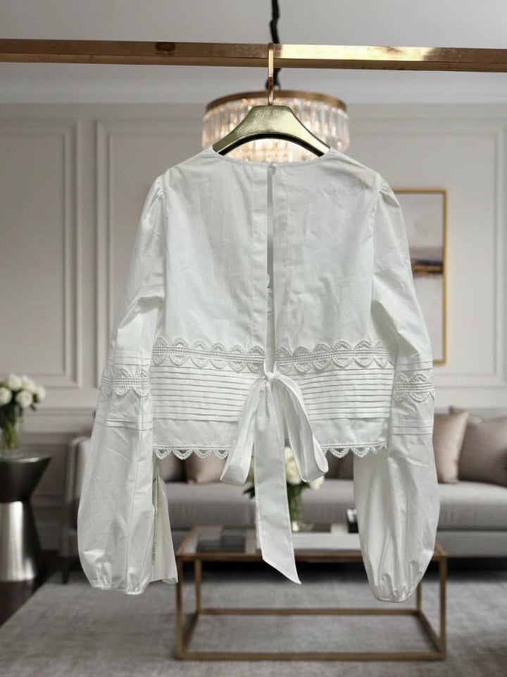 Provence Cotton & Lace V-Neck Blouse - White