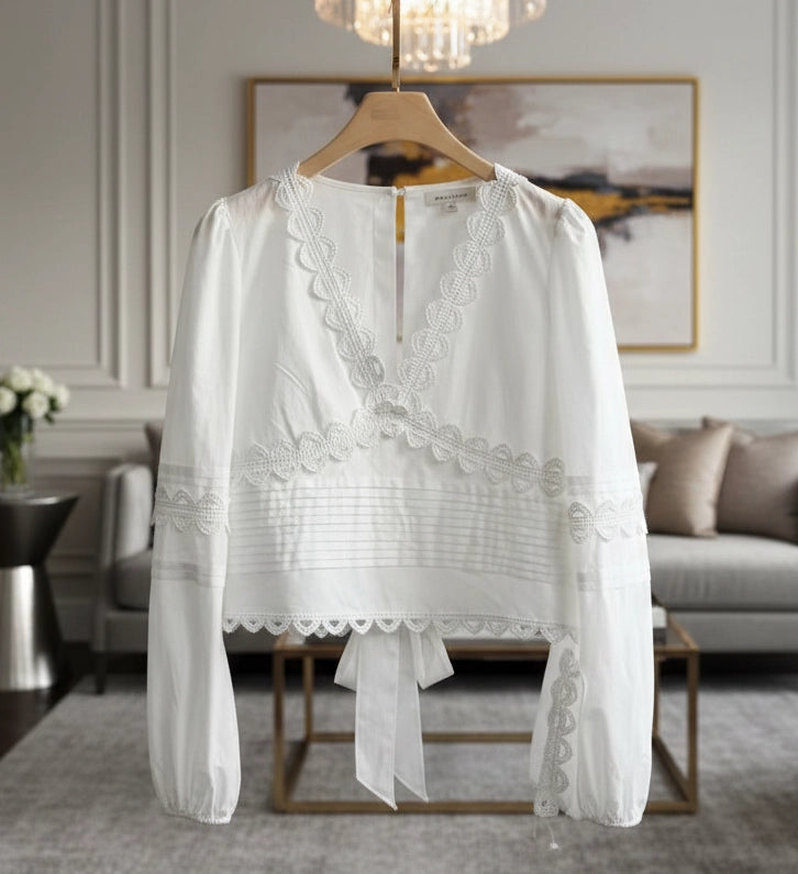 Provence Cotton & Lace V-Neck Blouse - White