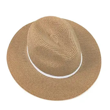 Beige straw hat with a white band on a white background