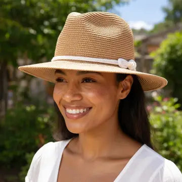 Woman wearing a straw hat with a white ribbon in a garden setting