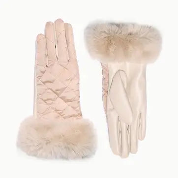 A pair of light beige leather gloves, one quilted with fur trim on the cuff and one smooth with a large faux-fur cuff, shown against a plain white background.