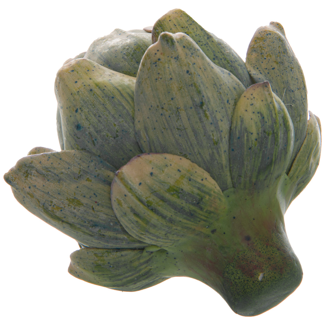 Ceramic artichoke-shaped object with a textured green surface on a white background