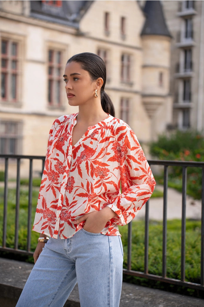 Saint Tropez Printed Silk  Shirt - Coral
