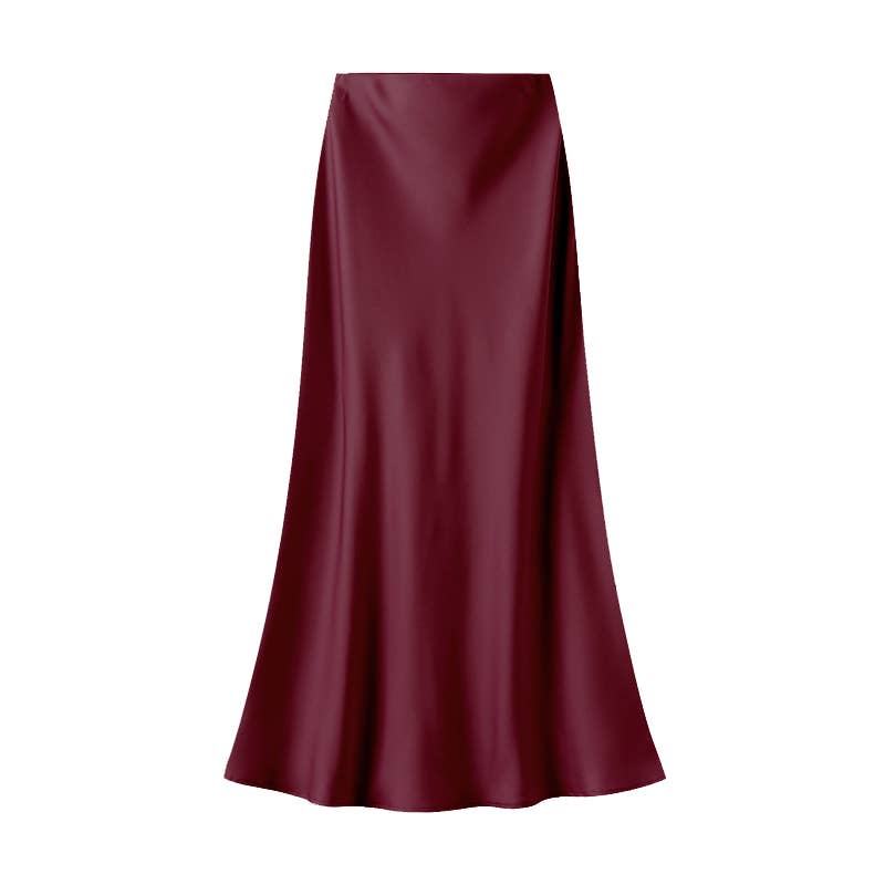Burgundy satin skirt on a white background