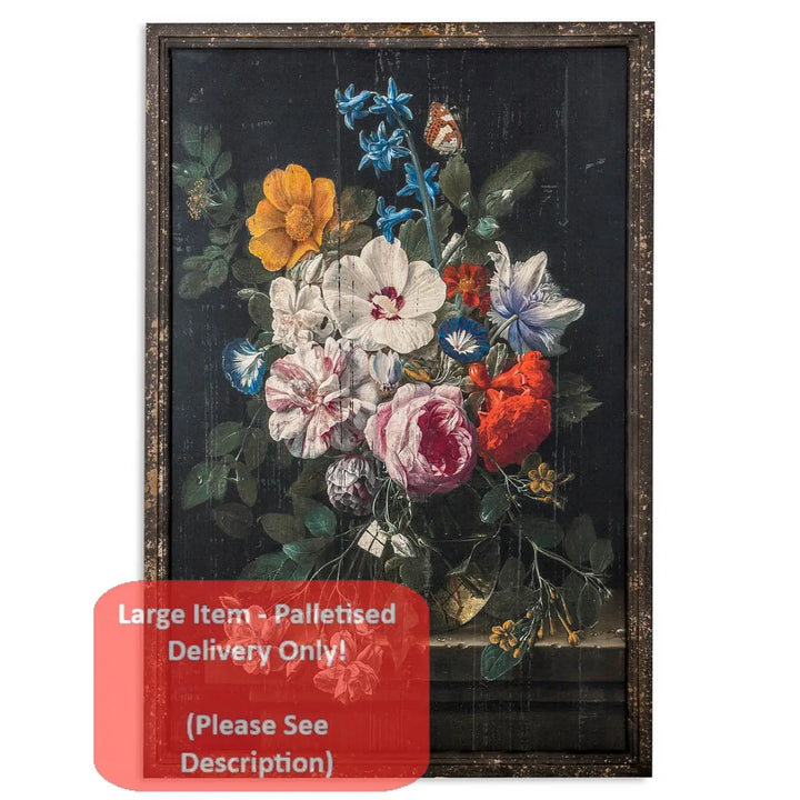 A framed vintage-style floral painting on a dark background, featuring white, pink, red, blue, and yellow flowers with green leaves. A red text box at the bottom left reads 'Large Item - Palletised Delivery Only! (Please See Description)'.