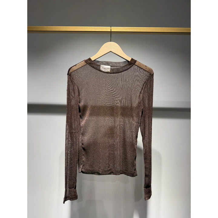Brown long-sleeve mesh top on a hanger against a gray background
