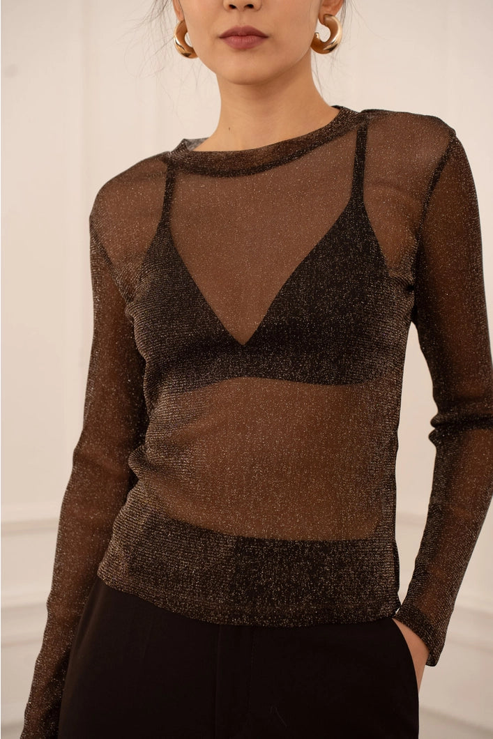 Brown sheer long-sleeve top worn by a person against a neutral background