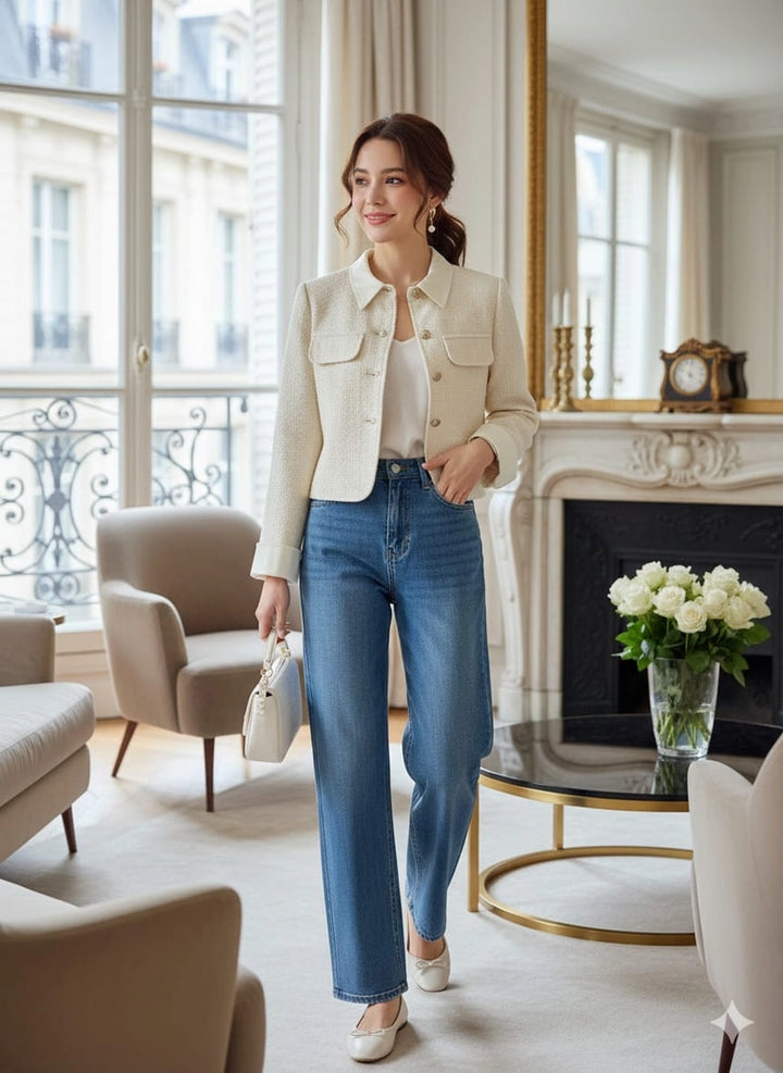 Woman in a stylish outfit standing in a living room with decor elements.