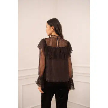 A woman shown from the back wearing a sheer black long-sleeve blouse with ruffled trim and black pants, standing against a light neutral wall.