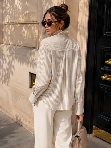 Lia Striped Ruffled Shirt - Beige/Cream