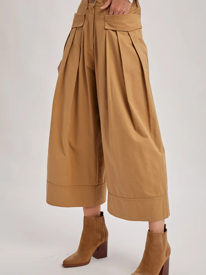 Tabitha Pleated Wide-Leg Culotte Pants with Pockets | Taupe