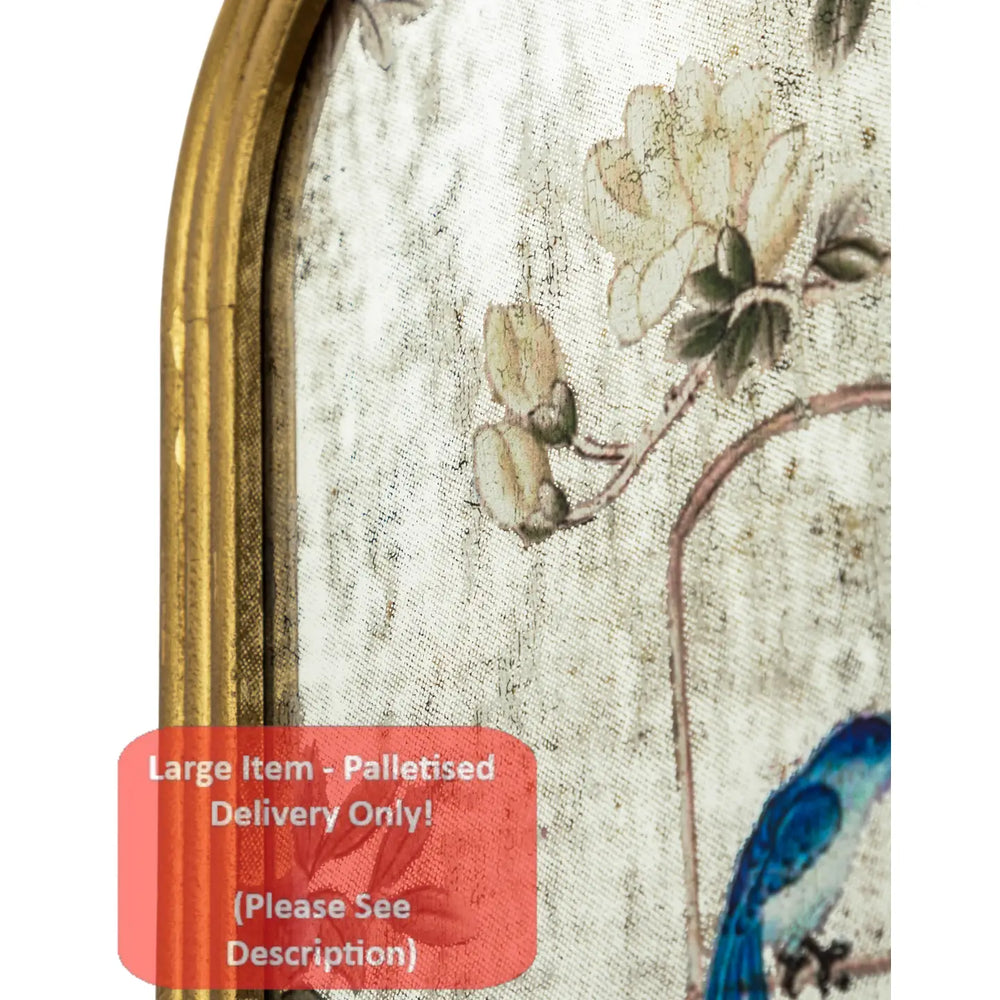 Close-up of an ornate gold frame with a distressed beige fabric background featuring a floral print and a blue bird, with a red text overlay stating 'Large Item - Palletised Delivery Only!'.
