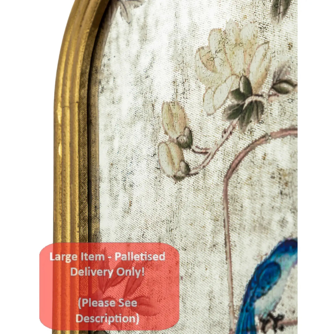 Close-up of an ornate gold frame with a distressed beige fabric background featuring a floral print and a blue bird, with a red text overlay stating 'Large Item - Palletised Delivery Only!'.