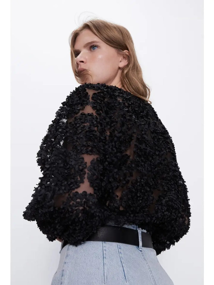 Textured rosette blouse | Black