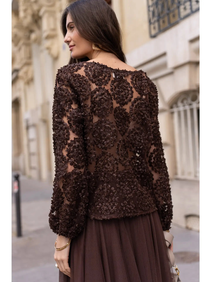 Textured rosette blouse | Brown