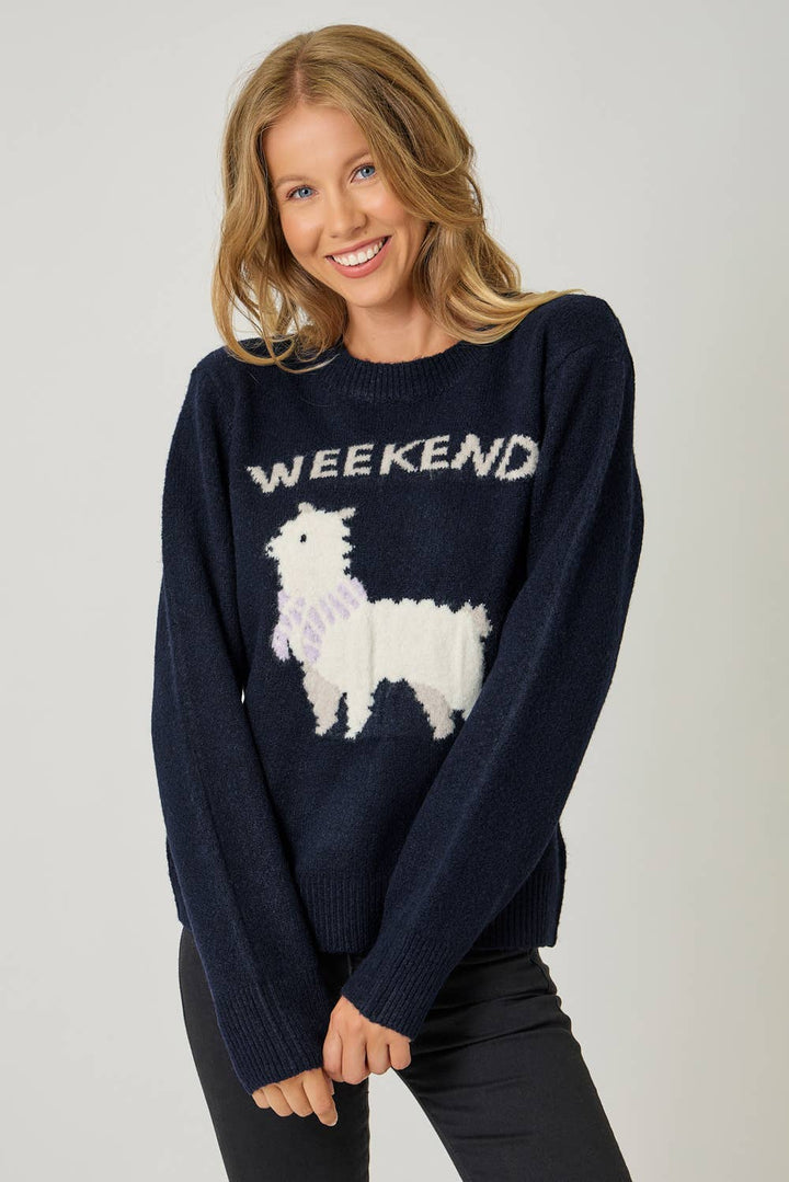 Woman wearing a navy sweater with a llama graphic and 'Weekend' text on a plain background