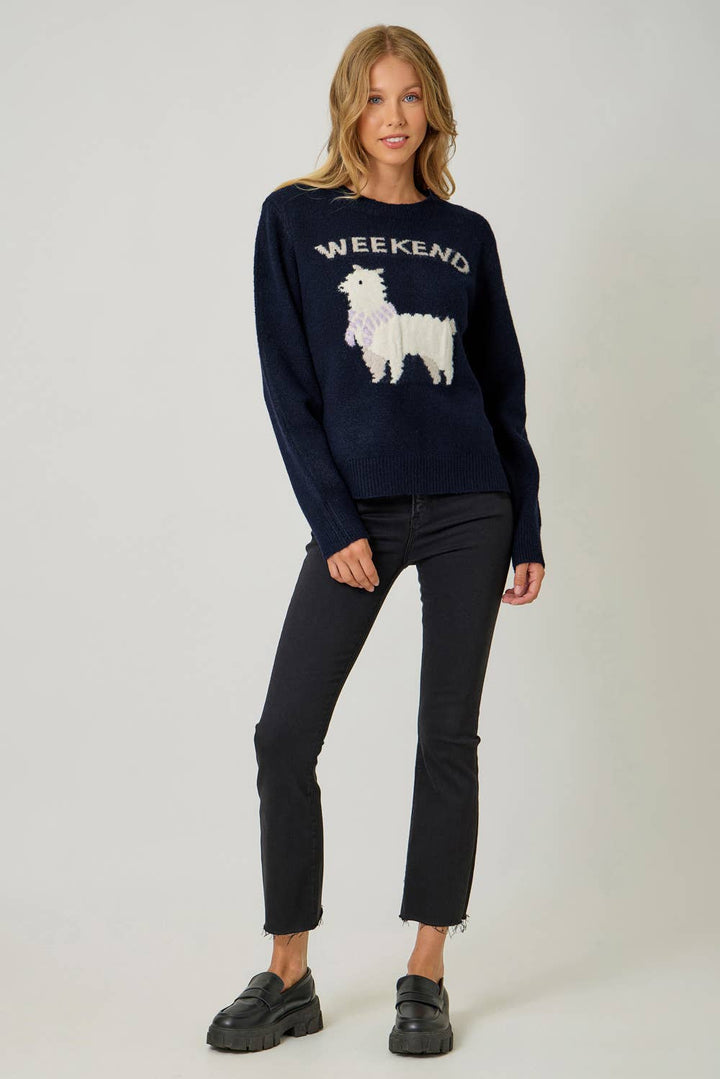 Woman wearing a navy sweater with a llama graphic and 'Weekend' text on a white background