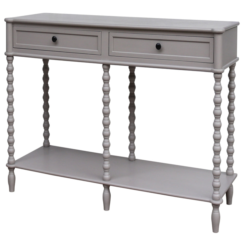 Gray console table with two drawers and a shelf on a white background
