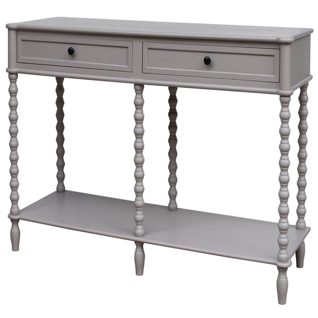 Gray console table with two drawers and a shelf on a white background
