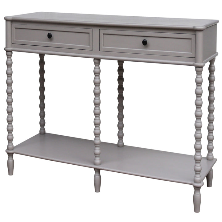 Gray console table with two drawers and a shelf on a white background