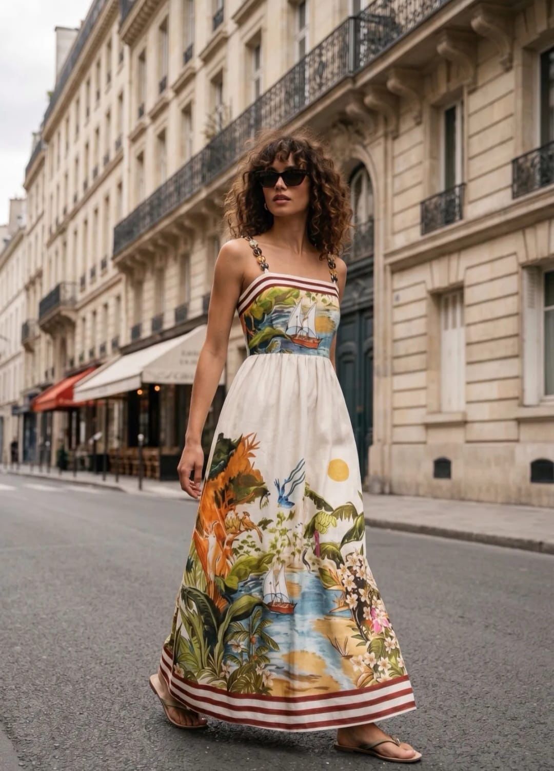 Woman in a floral dress walking down a city street.