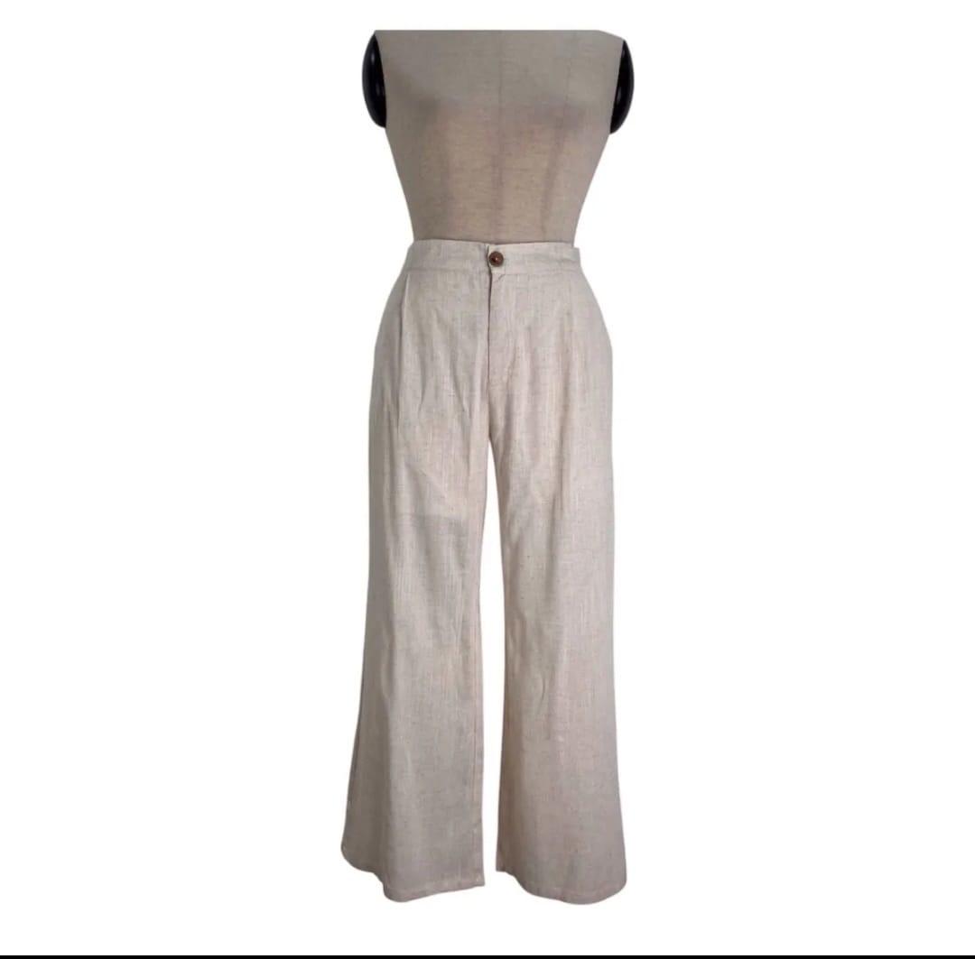 Mannequin wearing beige wide-leg pants on a white background