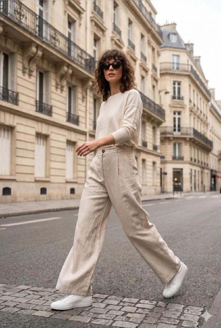 Woman walking on a street in an urban setting wearing a white outfit.