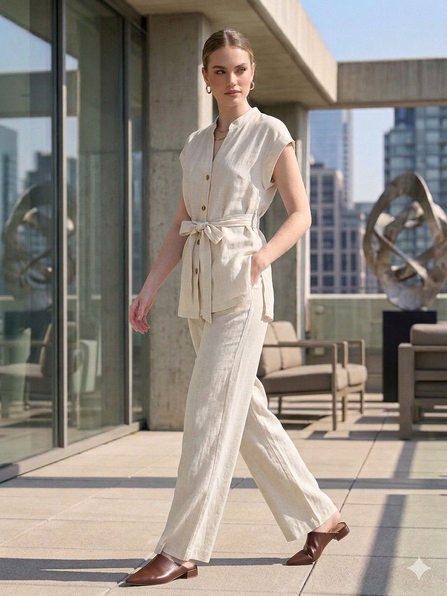 Woman in a beige outfit walking on a rooftop with cityscape background