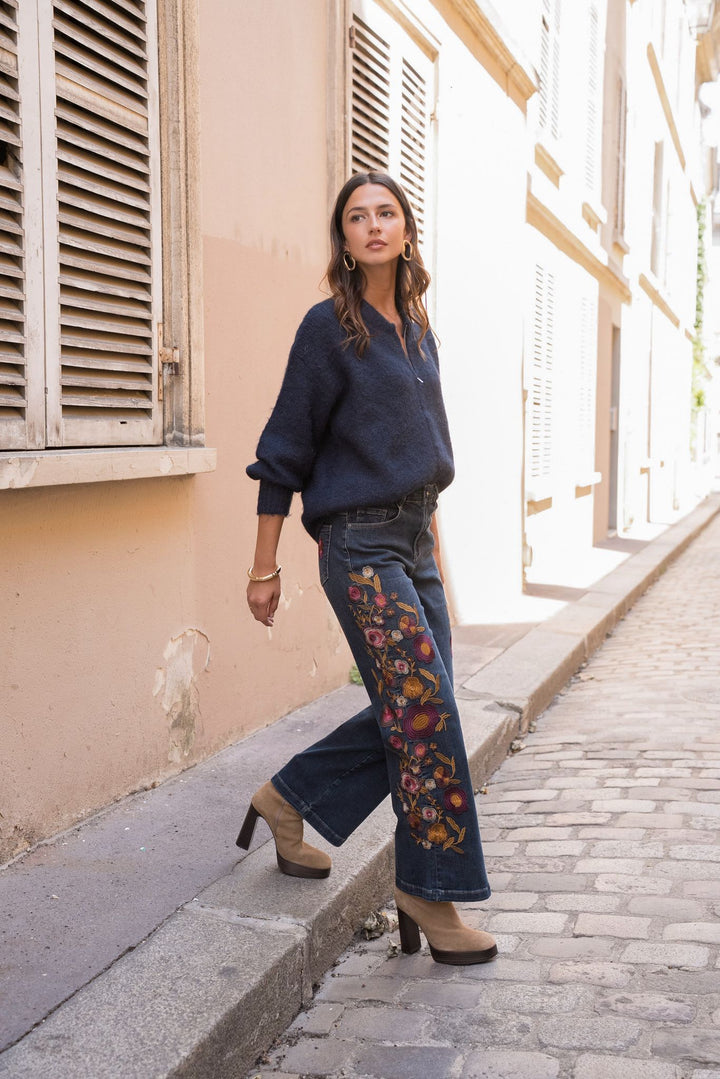 Monica Luz Embroidered Wide Leg Denim Trousers - Ethical Boho Chic