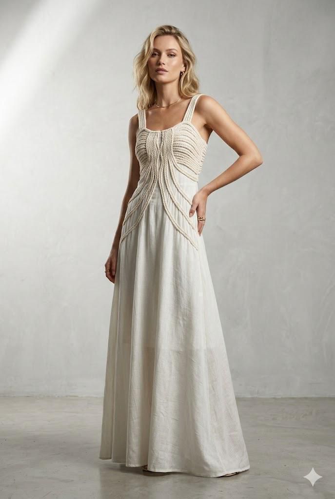 Woman wearing a long, elegant white dress with intricate detailing against a plain background