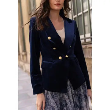 The Margot Double-Breasted Velvet Blazer with Gold Buttons - Navy Blue