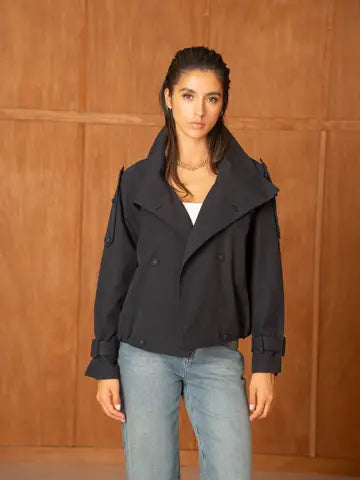 The Mayfair Short Trench-Style Jacket with a high Collar - Navy Blue Choklate Paris