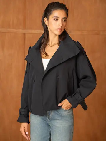 The Mayfair Short Trench-Style Jacket with a high Collar - Navy Blue Choklate Paris