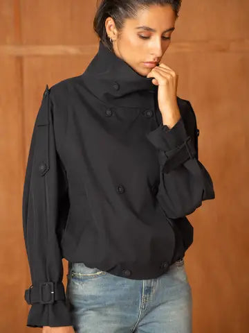 The Mayfair Short Trench-Style Jacket with a high Collar - Navy Blue Choklate Paris