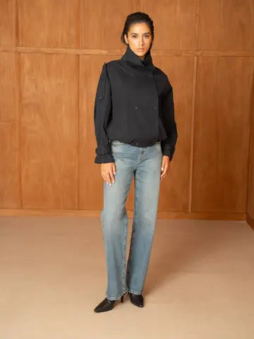 The Mayfair Short Trench-Style Jacket with a high Collar - Navy Blue Choklate Paris