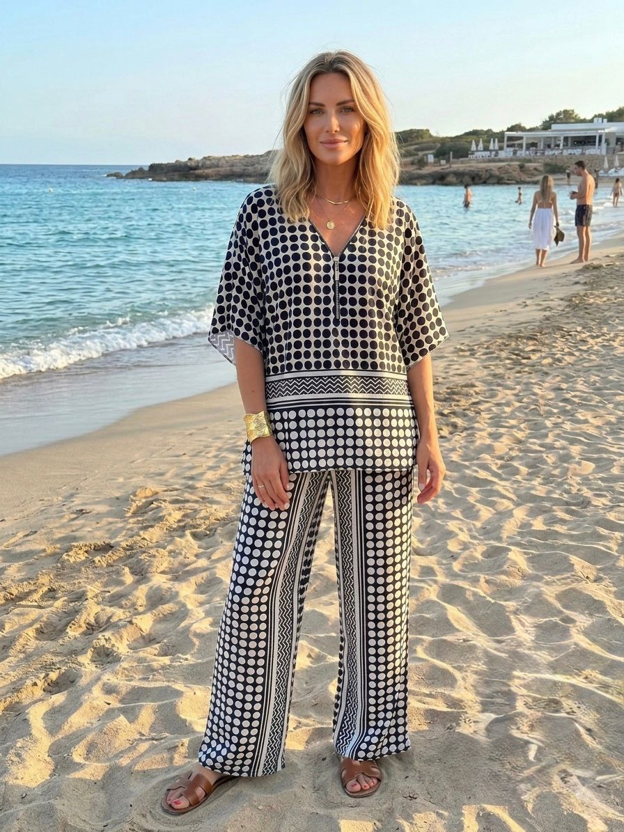 Woman in a black and white checkered outfit standing on a beach.