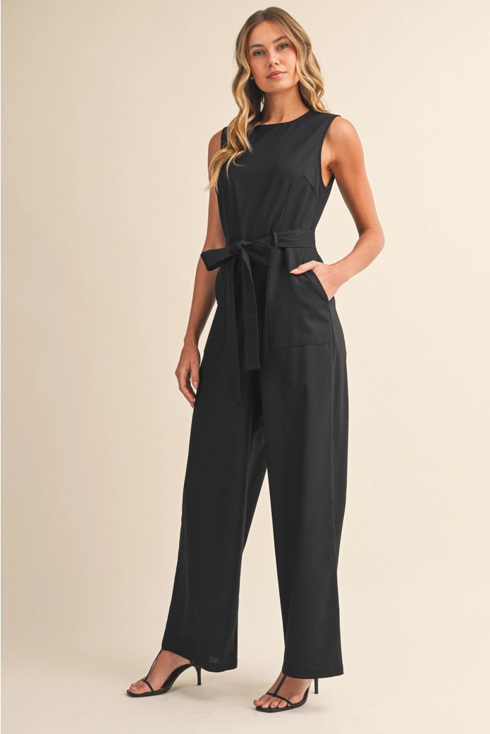 The Portofino Sleeveless Jumpsuit with Waist Tie - Black