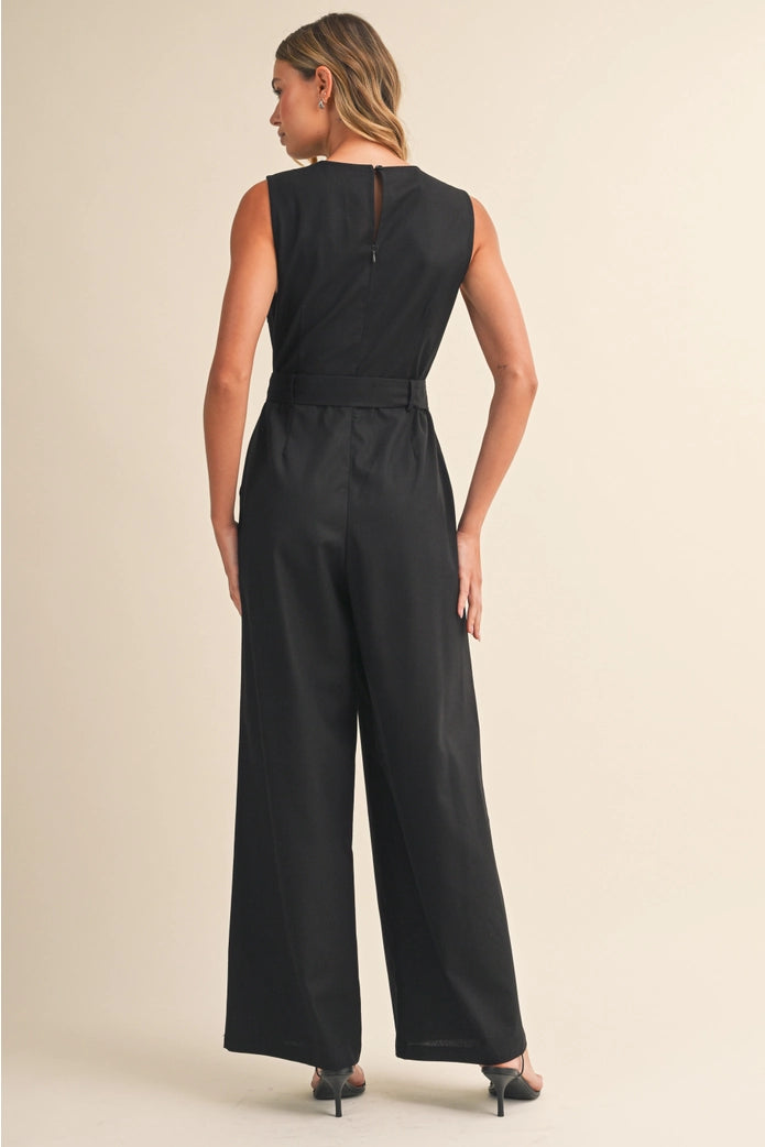 The Portofino Sleeveless Jumpsuit with Waist Tie - Black