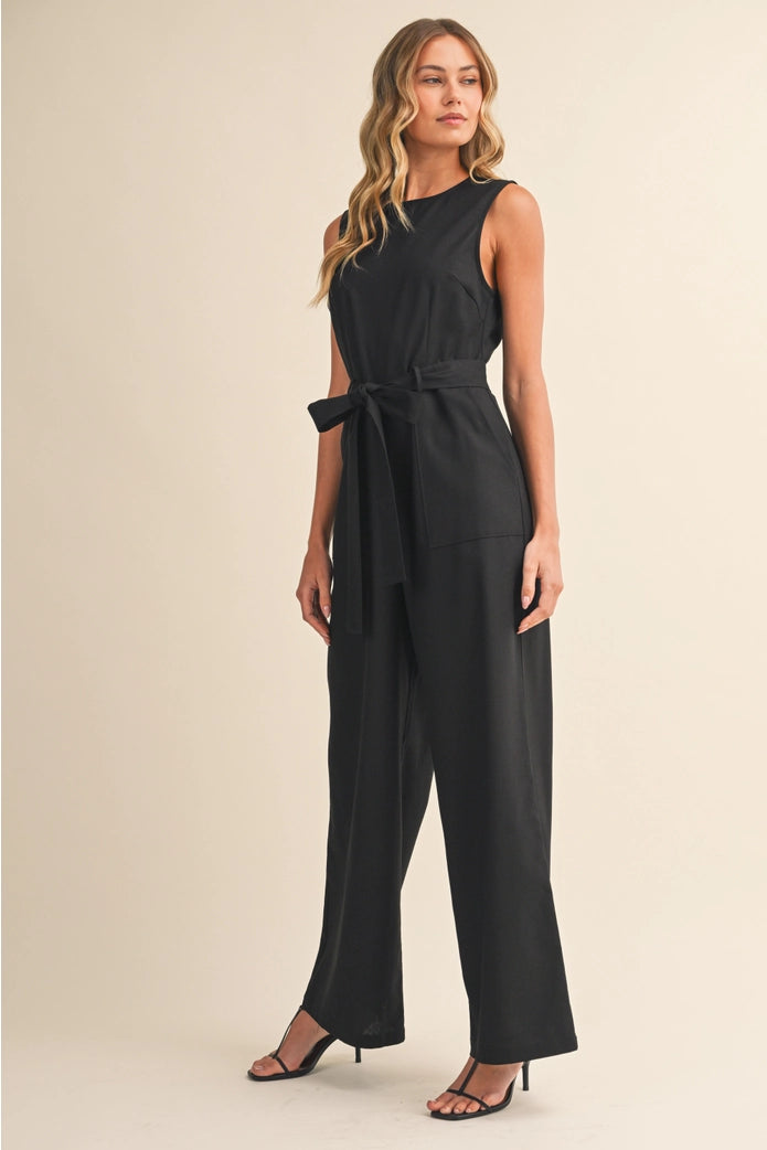 The Portofino Sleeveless Jumpsuit with Waist Tie - Black