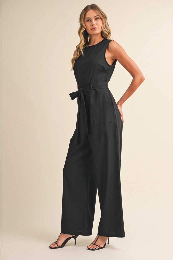 The Portofino Sleeveless Jumpsuit with Waist Tie - Black