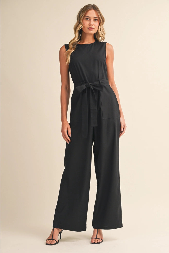 The Portofino Sleeveless Jumpsuit with Waist Tie - Black