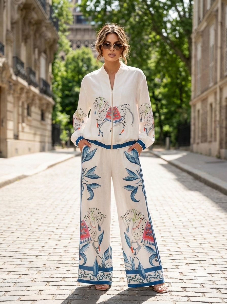 Woman in a stylish outfit with floral patterns on a city street.