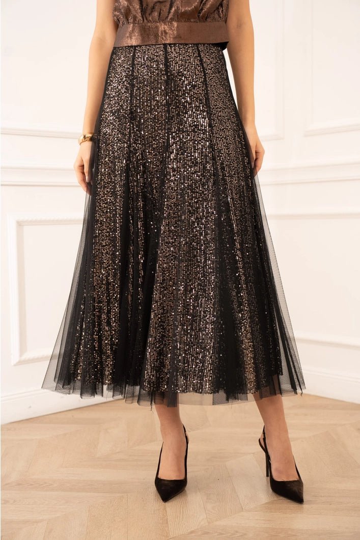 The Claudia Tulle and Sequins Skirt - Bronze/Black - Monica Luz