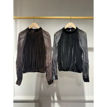 Tilly Velvet Blouse with Lace Sleeves - Black