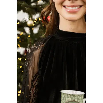 Tilly Velvet Blouse with Lace Sleeves - Black