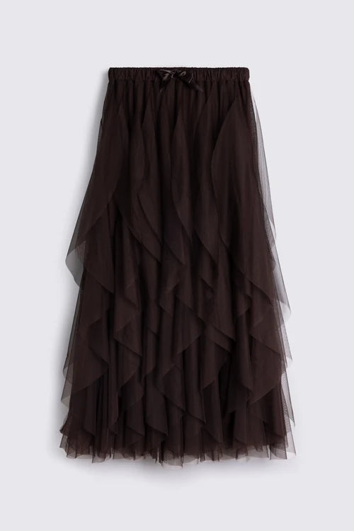 A dark brown tiered tulle midi skirt with an elastic waistband and a small bow detail at the front, shown against a light gray background.