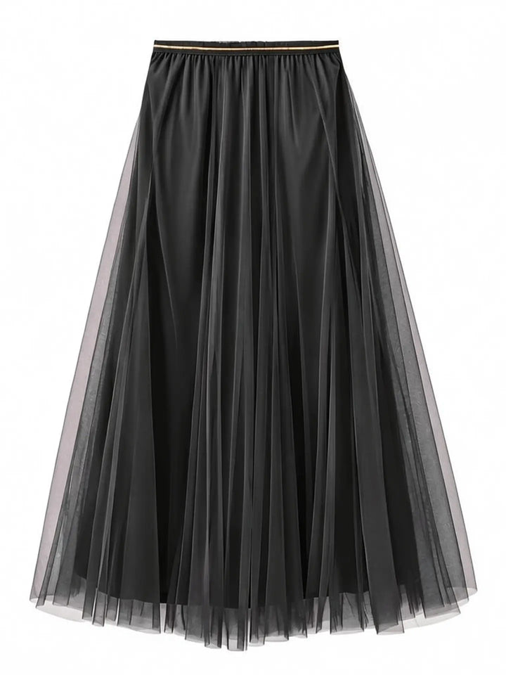A black pleated tulle midi skirt with a gathered elastic waistband, shown against a plain white background.